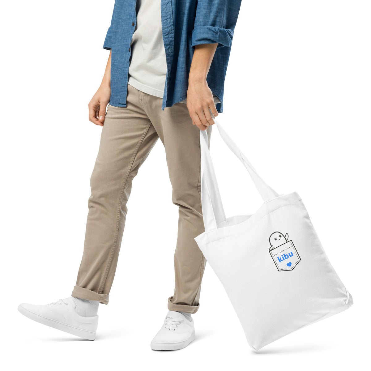 Boo Pocket Tote - White, carried on model