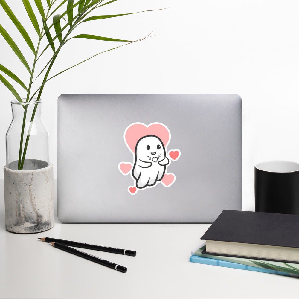 Boo Hearts Sticker - on a laptop, desk view