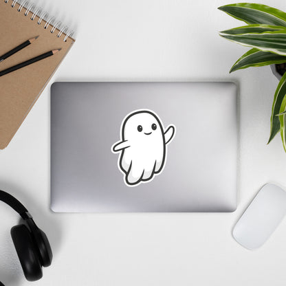 Boo Wave Sticker - on a laptop with headphones