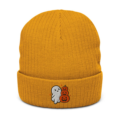 Halloween Boo Knit Beanie - Mustard, flat front