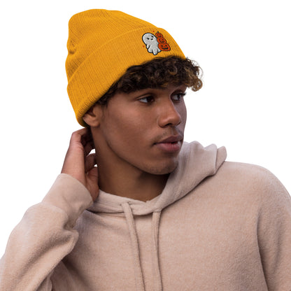 Halloween Boo Knit Beanie - Mustard, front on model