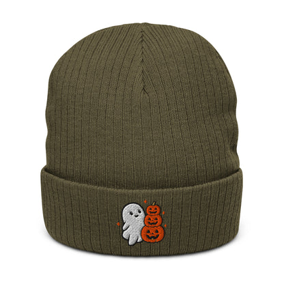 Halloween Boo Knit Beanie - Olive, flat front