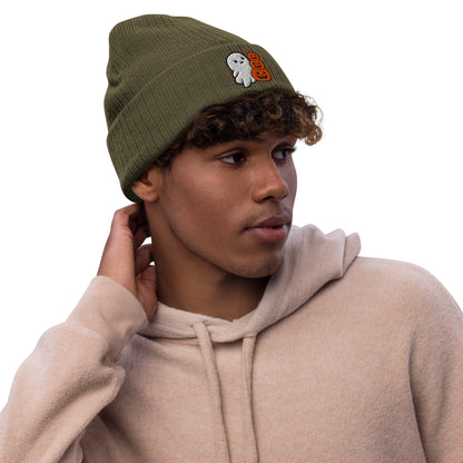 Halloween Boo Knit Beanie - Olive, front on model