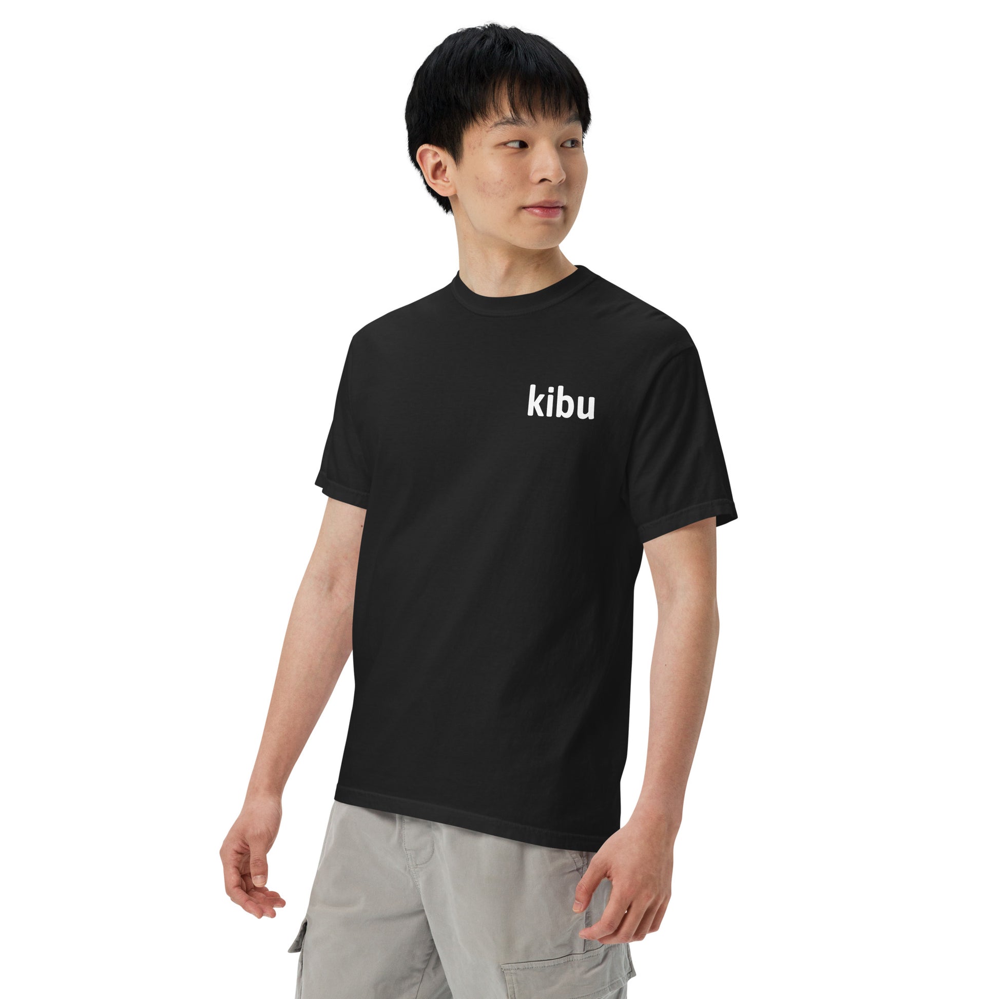 Kibu Classic Tee - Black, left chest detail on model