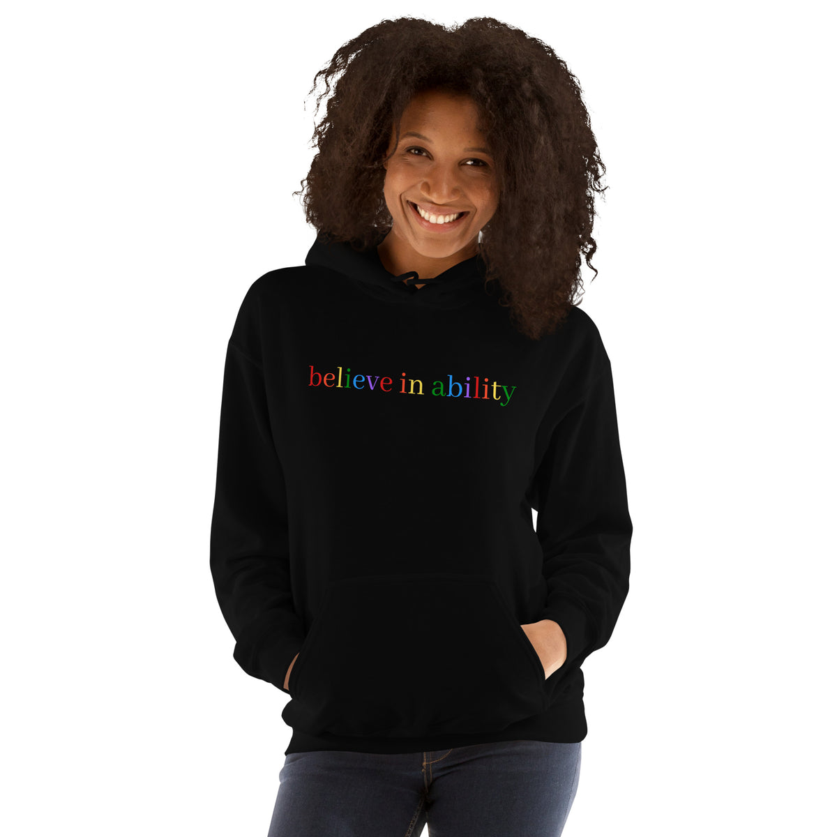 Believe in Ability Hoodie - Black, front on model