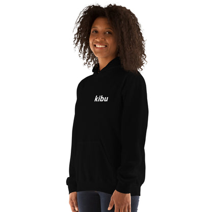 Kibu Classic Hoodie - Black, left chest detail on model