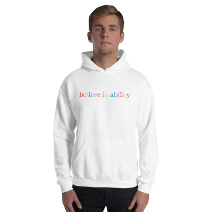 Believe in Ability Hoodie - White, front on model