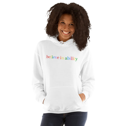Believe in Ability Hoodie - White, front on model