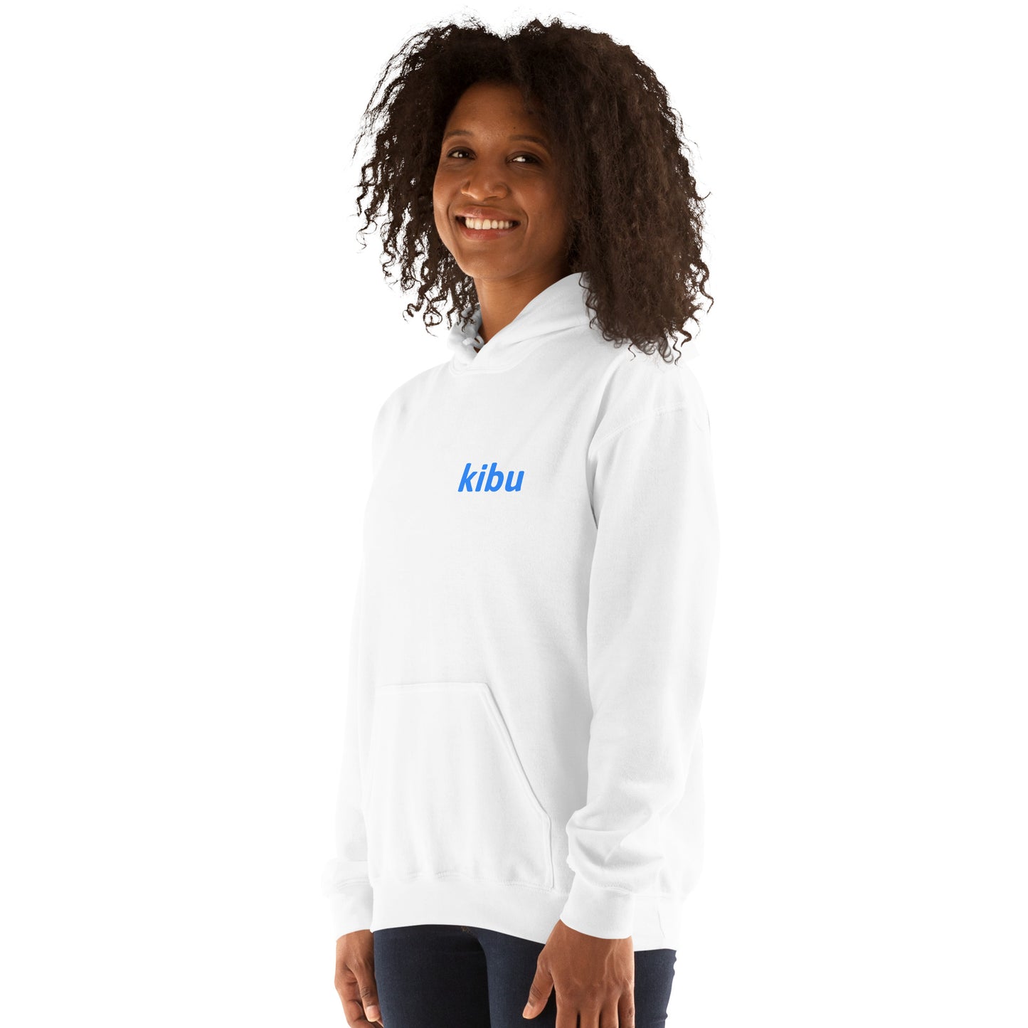 Kibu Classic Hoodie - White, left chest detail on model