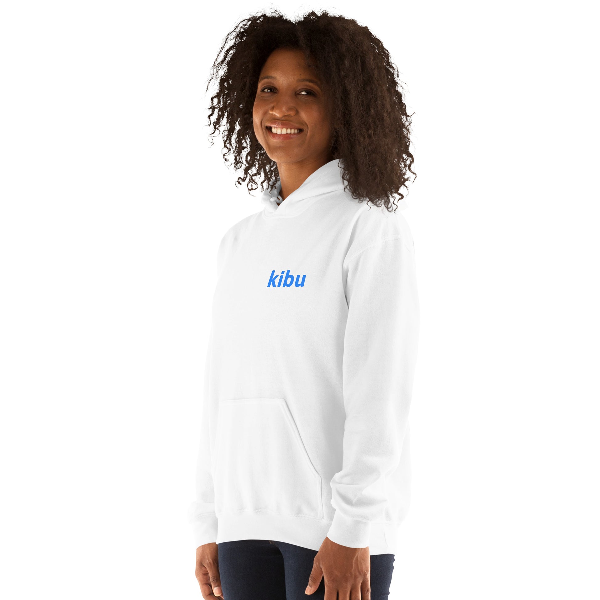 Kibu Classic Hoodie - White, left chest detail on model